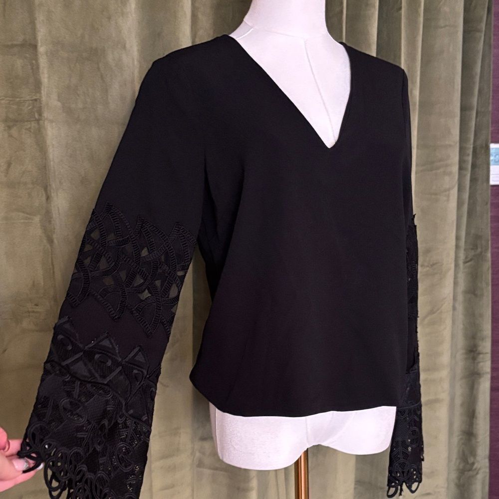 Ramy Brook Black V-Neck Blouse with Lace Sleeves, US4